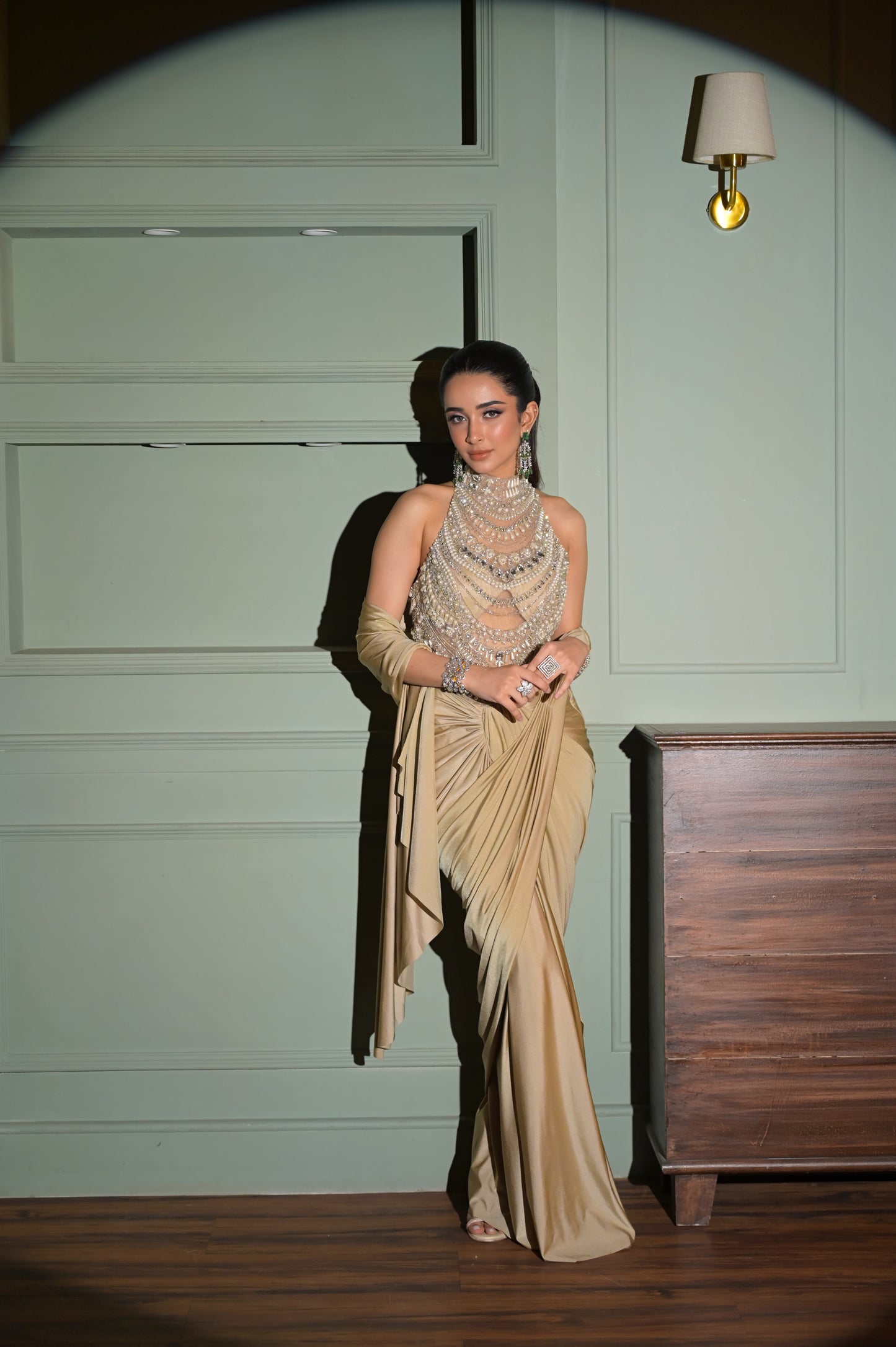 Celestial Charm :Elegant Beige Saree Gown with Embellished Blouse