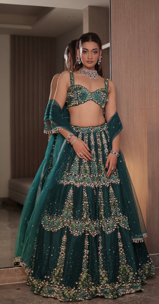 Teal Petals and Pearls: Embroidered Lehenga with Sequins and Cutwork