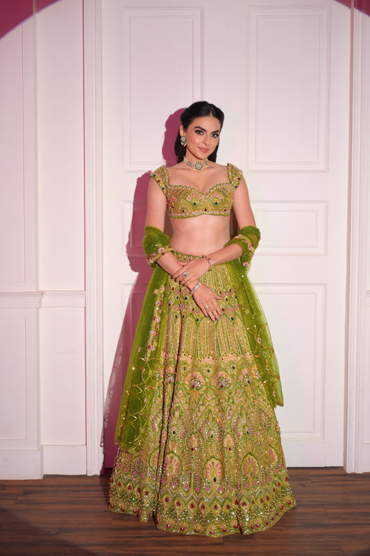 Seaweed Green Silk Embroidered Lengha Set