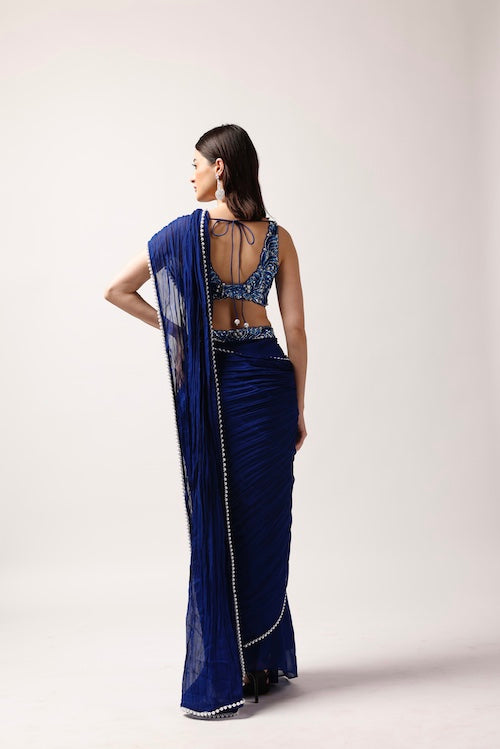 Moonlit Elegance: Midnight Blue Organza Saree with Sleeveless Silk Blouse