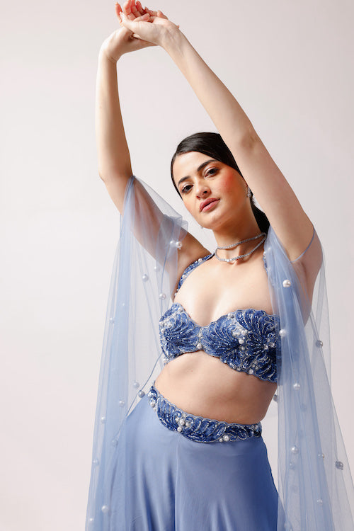 Ocean Breeze: Blue Palazzo Set with Pearl and Petal Embroidery
