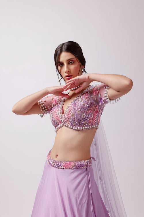 Lavender Dreams: Solid Lavender Net Lehenga Ensemble