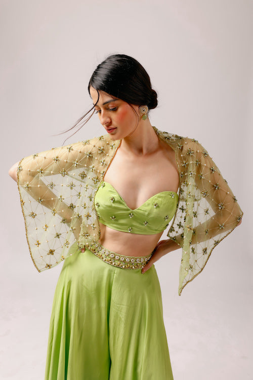 Summer Breeze: Parrot Green Pant Set with Net Jacket