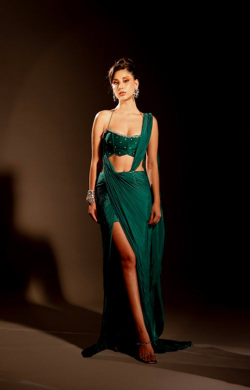 Verdant Elegance: Emerald Green Draped Saree with String Sleeve Blouse and Stone Embroidery