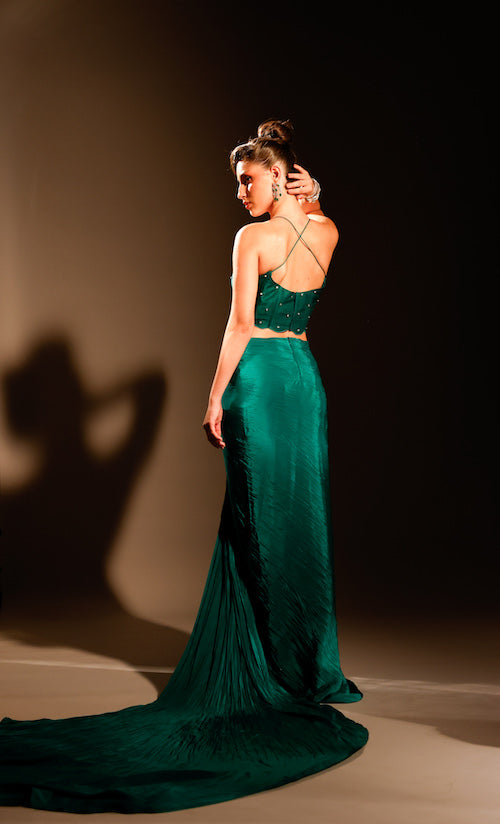 Verdant Elegance: Emerald Green Draped Saree with String Sleeve Blouse and Stone Embroidery