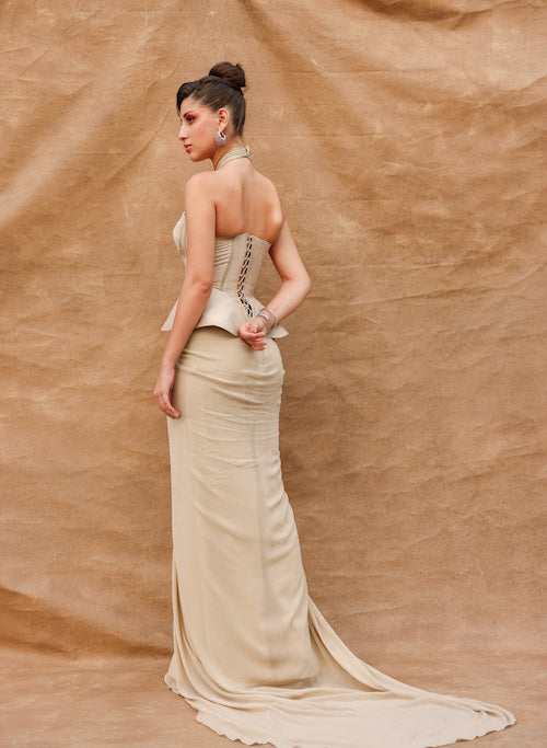 Golden Sands Glow: Beige Skirt Set with Corset Blouse and Halter Neck Sleeve