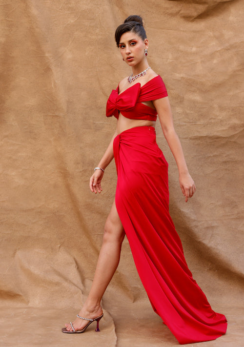 Scarlet Summer Charm: Solid Red Skirt Set with Off Shoulder Blouse