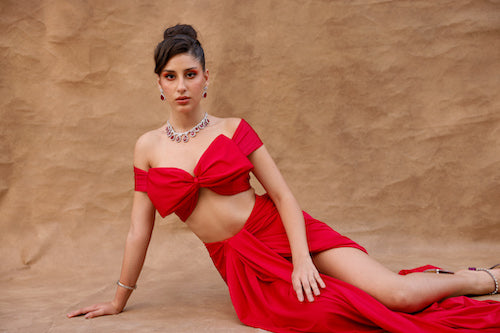 Scarlet Summer Charm: Solid Red Skirt Set with Off Shoulder Blouse