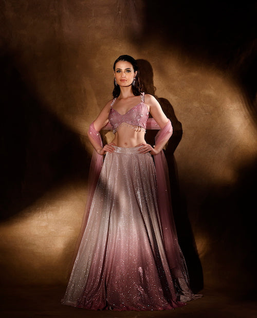 Sunset Serenade: Shaded Pink Ombré Lehenga & Embellished Blouse Ensemble