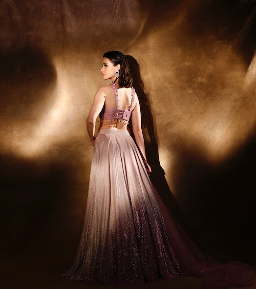 Sunset Serenade: Shaded Pink Ombré Lehenga & Embellished Blouse Ensemble