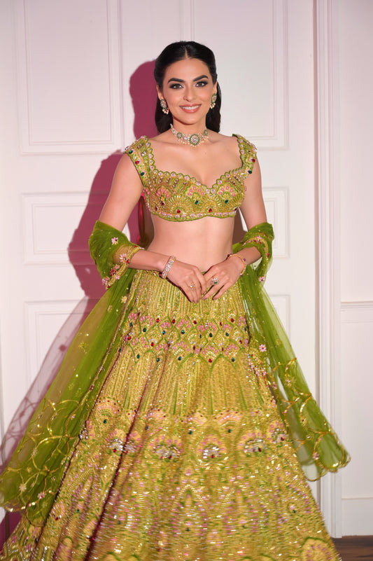 Seaweed Green Silk Embroidered Lengha Set