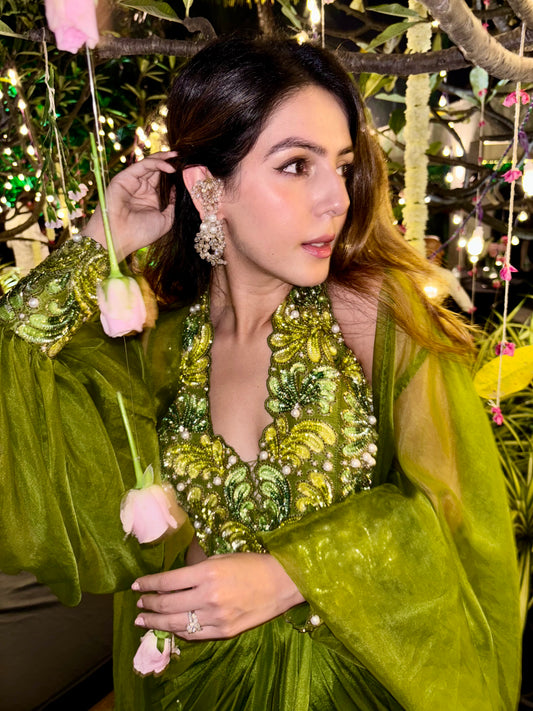 Meghana Shijwani X Anshika Tak Label ( Enchanting Olive Elegance: Pearl-Embroidered Dress with Organza Jacket )