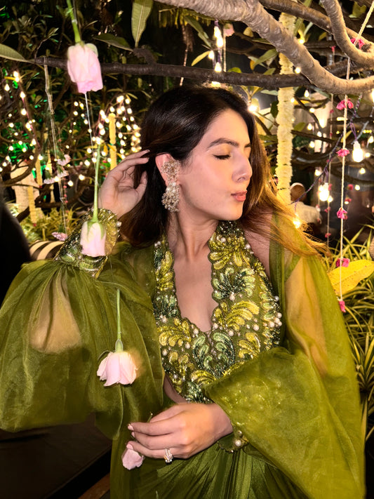 Meghana Shijwani X Anshika Tak Label ( Enchanting Olive Elegance: Pearl-Embroidered Dress with Organza Jacket )