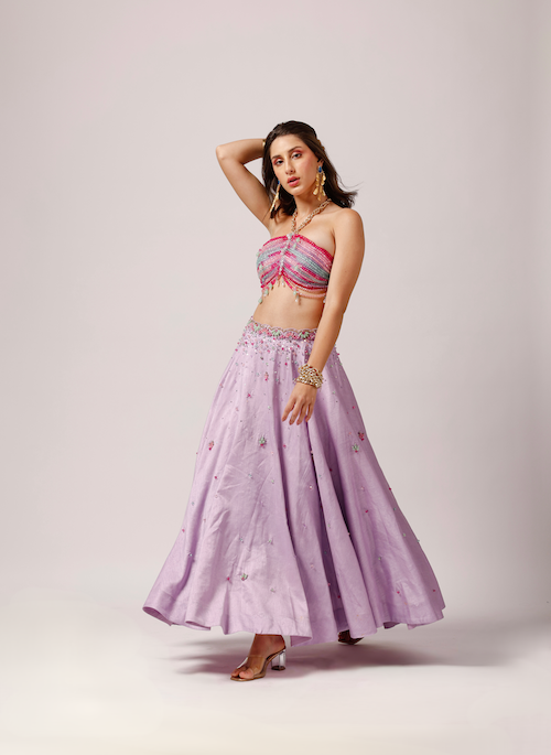 Lavender Dream: Lehenga Ensemble with Colorful Beaded Blouse