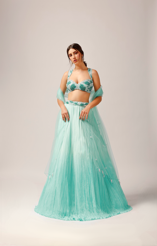Oceanic Serenity: Pacific Blue Lehenga with Sleeveless Katori Sequence Blouse