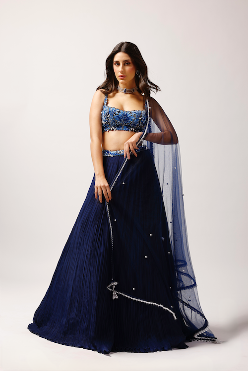Starry Night Ensemble: Midnight Blue Lehenga with Pearl & Cutwork Blouse