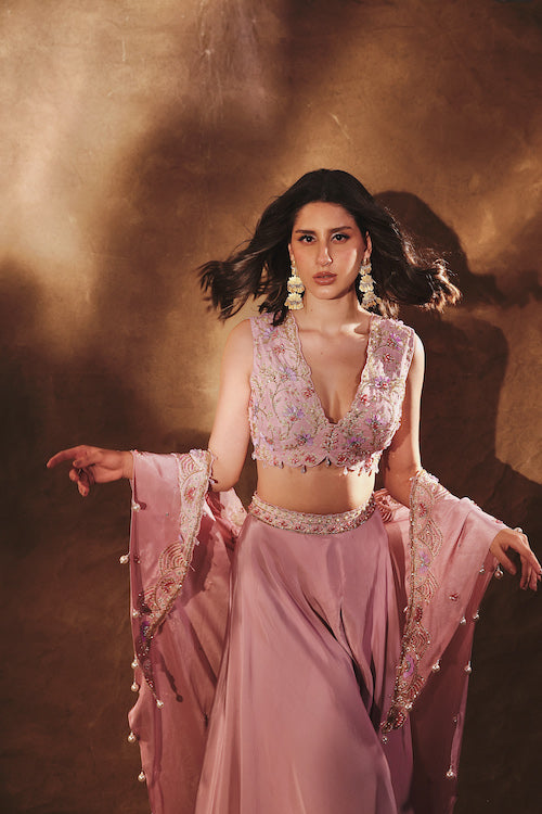 Ethereal Elegance: Mauve Pant Set with Embroidered Jacket