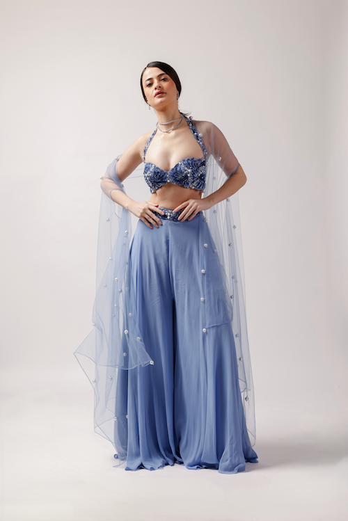Ocean Breeze: Blue Palazzo Set with Pearl and Petal Embroidery