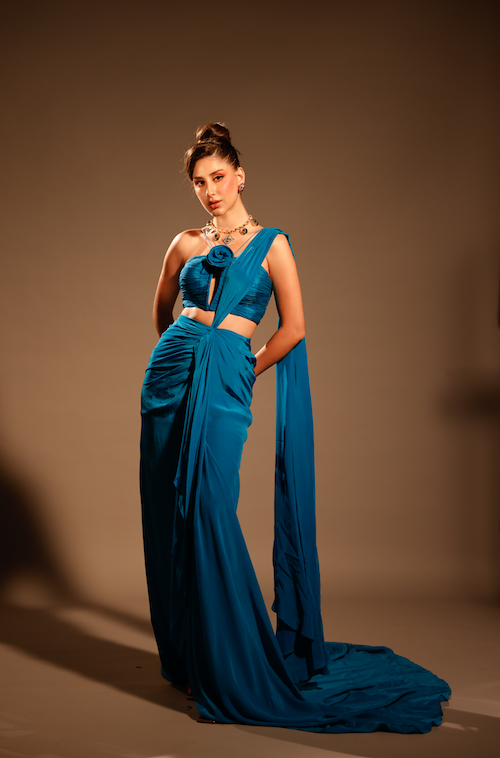 Sapphire Skies: Bright Blue Draped Saree