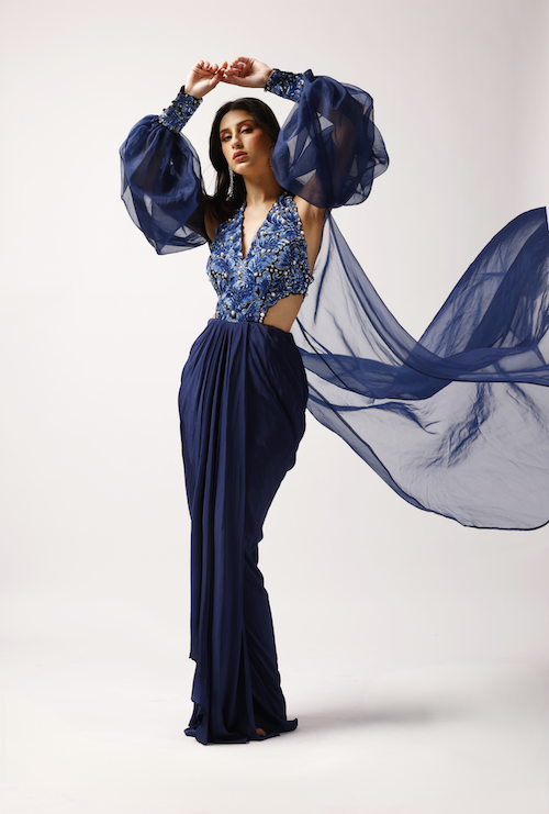 Midnight Majesty: Pearl-Embroidered Dress with Organza Jacket