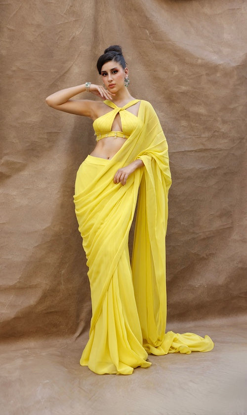 Golden Sunshine: Solid Yellow Saree with Strap Sleeve Blouse