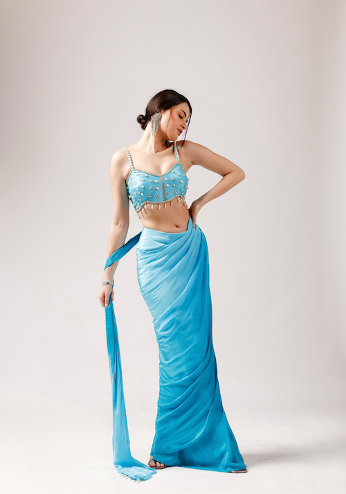 Cerulean Skyline: Bright Blue Saree with Ombré Shading and Exquisite Embellishments