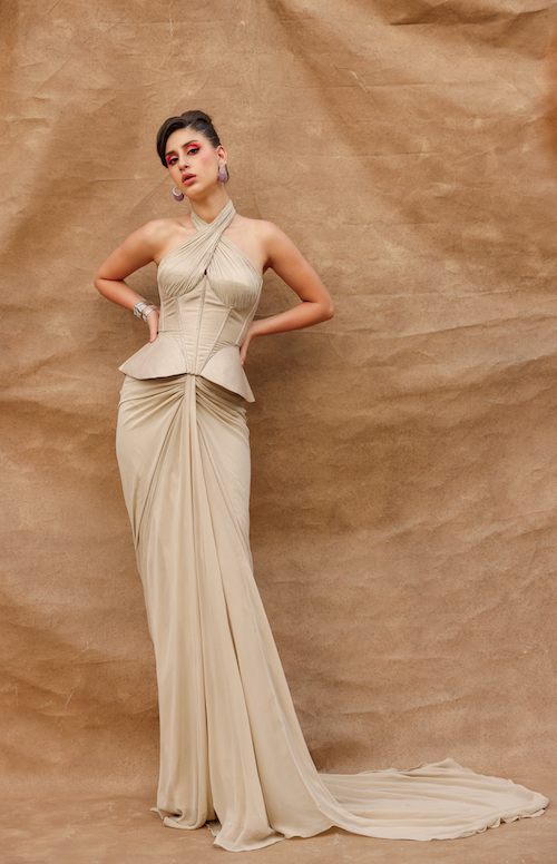 Golden Sands Glow: Beige Skirt Set with Corset Blouse and Halter Neck Anshika Tak Official Golden Sands Glow: Beige Skirt Set with Corset Blouse and Halter Neck Anshika Tak Official