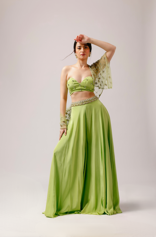 Summer Breeze: Parrot Green Pant Set with Net Jacket