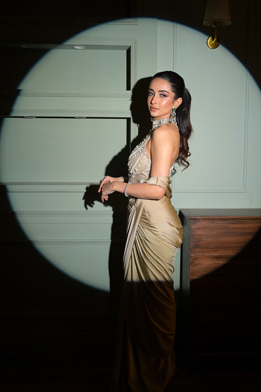 Celestial Charm :Elegant Beige Saree Gown with Embellished Blouse