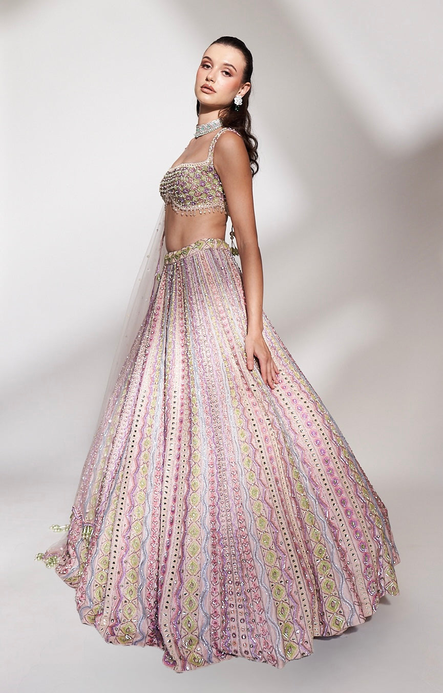 Pastel Symphony: Multi-Hued Embroidered Lehenga with Sequins and Mirror Accents