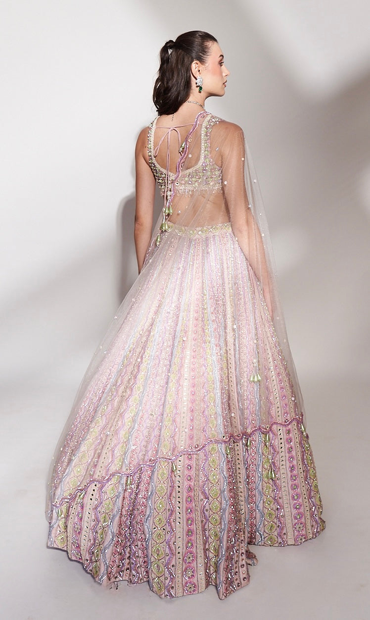 Pastel Symphony: Multi-Hued Embroidered Lehenga with Sequins and Mirror Accents