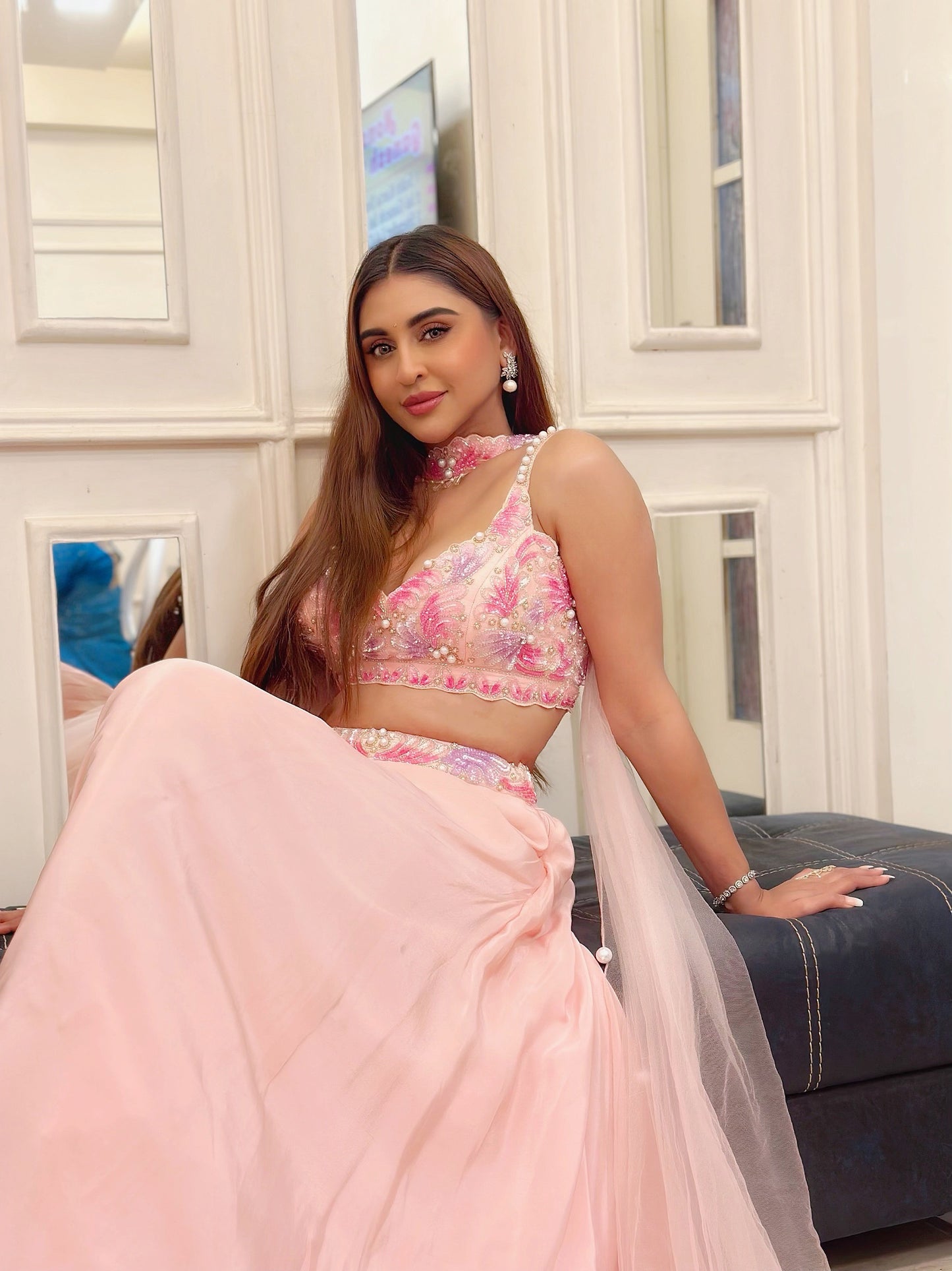Krystle Dsousa X Anshika Tak Label ( Pink Pearl Perfection: Sequins Embroidery Blouse Palazzo Set with Choker Dupatta)