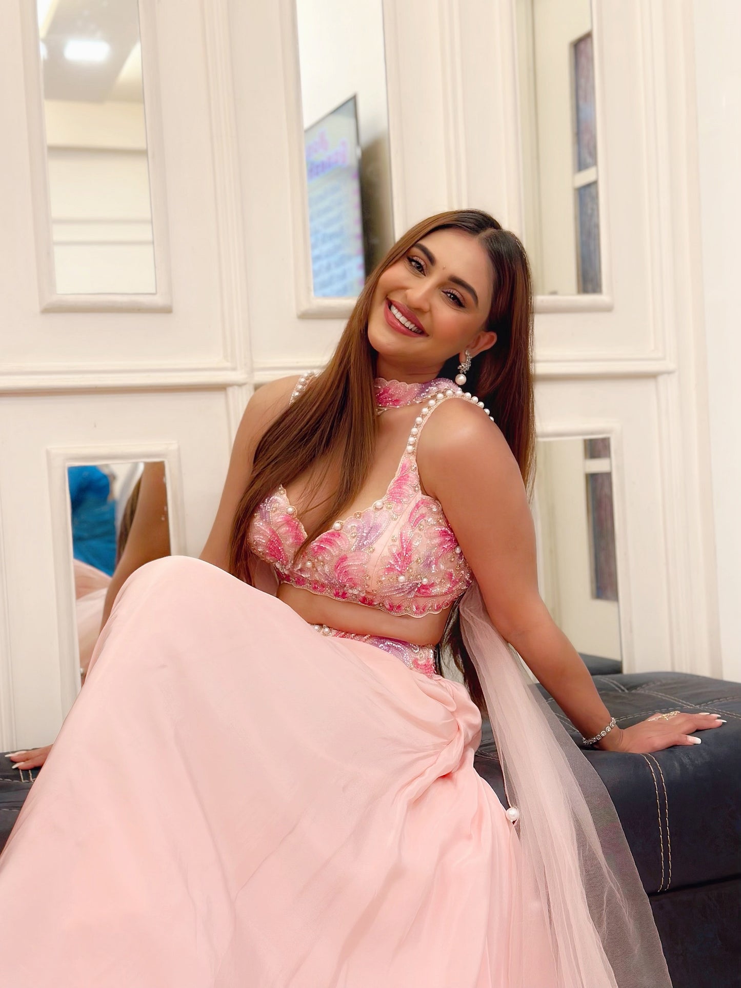 Krystle Dsousa X Anshika Tak Label ( Pink Pearl Perfection: Sequins Embroidery Blouse Palazzo Set with Choker Dupatta)