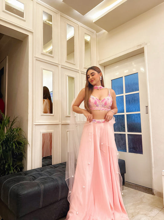 Krystle Dsousa X Anshika Tak Label ( Pink Pearl Perfection: Sequins Embroidery Blouse Palazzo Set with Choker Dupatta)