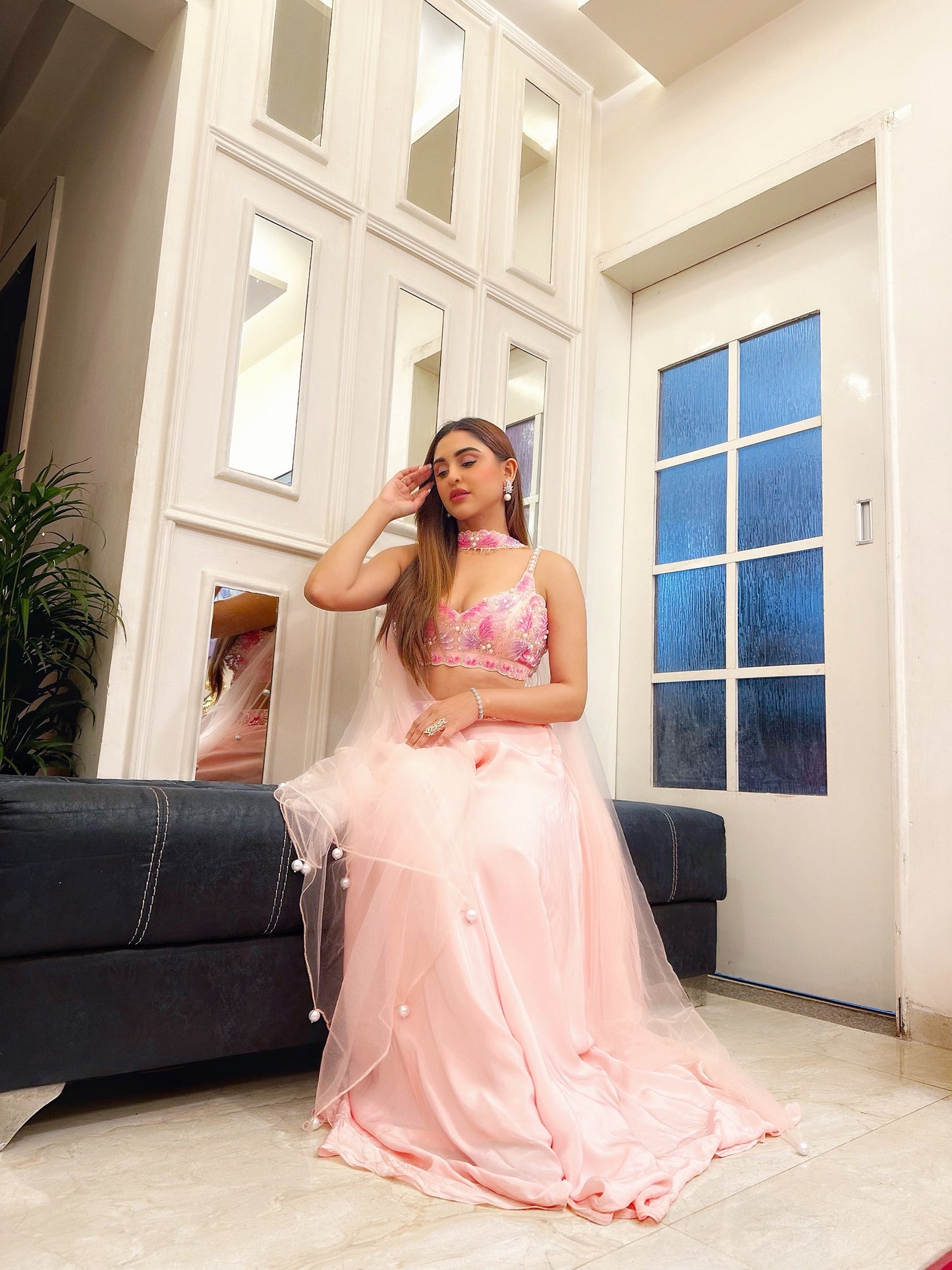 Krystle Dsousa X Anshika Tak Label ( Pink Pearl Perfection: Sequins Embroidery Blouse Palazzo Set with Choker Dupatta)