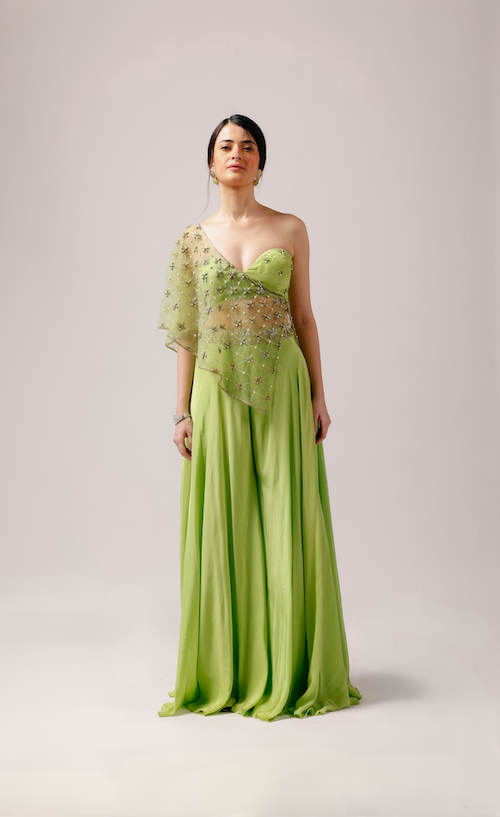 Summer Breeze: Parrot Green Pant Set with Net Jacket