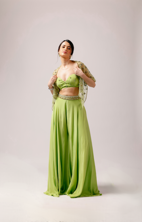 Summer Breeze: Parrot Green Pant Set with Net Jacket