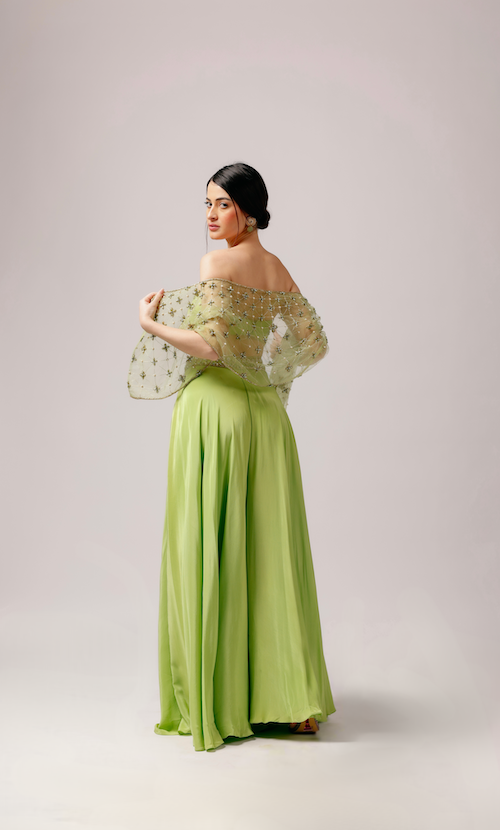 Summer Breeze: Parrot Green Pant Set with Net Jacket