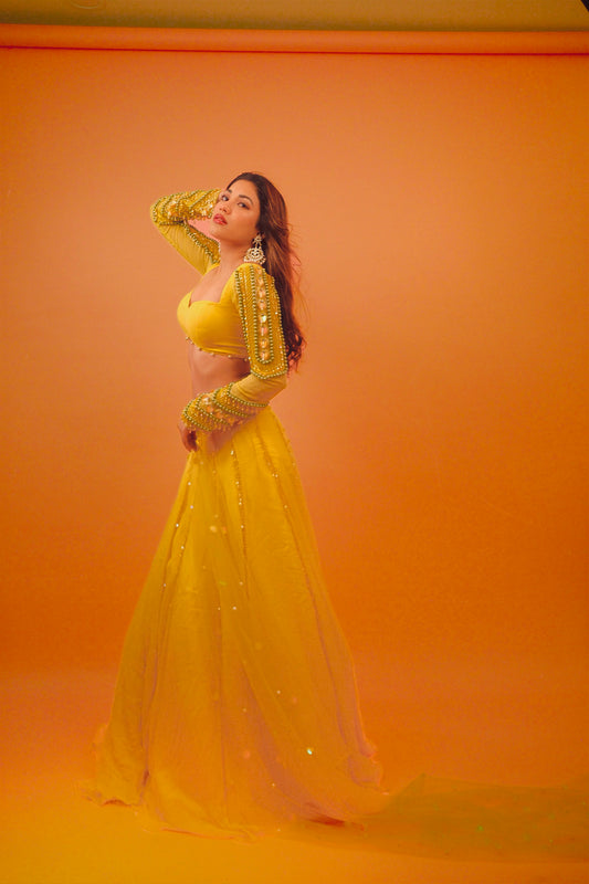 Shivani Singh X Anshika Tak Label (Radiant Opulence: Our Yellow Lengha Set with Exquisite Crystal Embellishments)