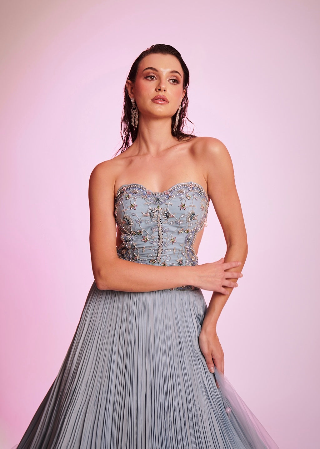 Serenity blue embellished corset blouse with pleated flared skirt