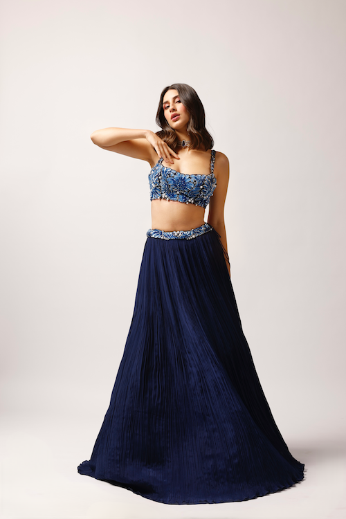 Starry Night Ensemble: Midnight Blue Lehenga with Pearl & Cutwork Blouse