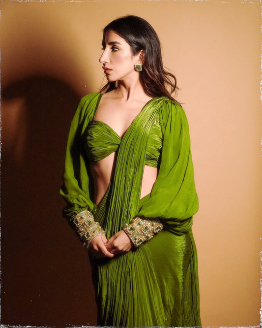 Parul Gulati X Anshika Tak Label (Ruched Allure: Modern Olive Green Draped Saree with Puff and Cuff Sleeves )