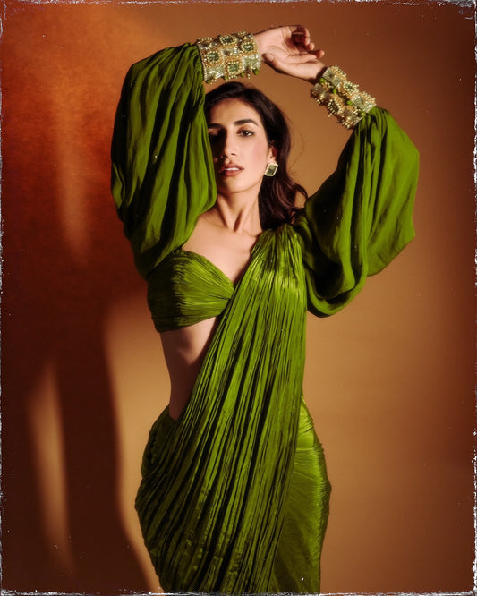 Parul Gulati X Anshika Tak Label (Ruched Allure: Modern Olive Green Draped Saree with Puff and Cuff Sleeves )
