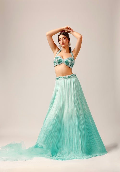 Oceanic Serenity: Pacific Blue Lehenga with Sleeveless Katori Sequence Blouse