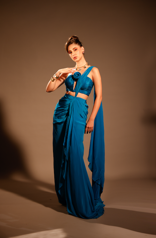 Sapphire Skies: Bright Blue Draped Saree