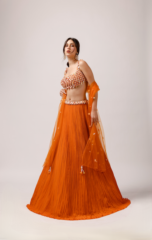 Coral Sequin Dream: Ruched Lengha with Tassel Accents