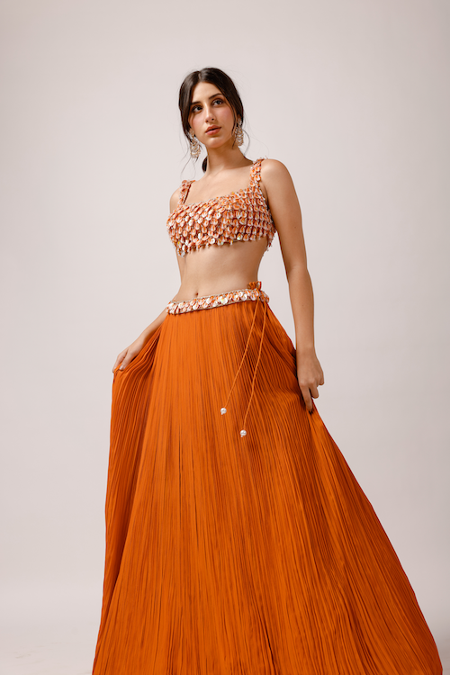 Coral Sequin Dream: Ruched Lengha with Tassel Accents