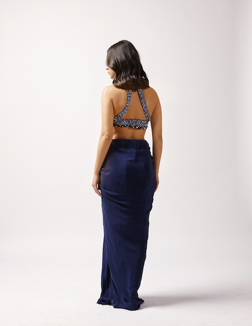 Midnight Majesty: Pearl-Embroidered Dress with Organza Jacket