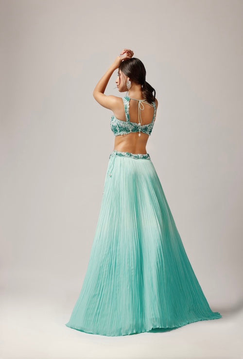 Oceanic Serenity: Pacific Blue Lehenga with Sleeveless Katori Sequence Blouse