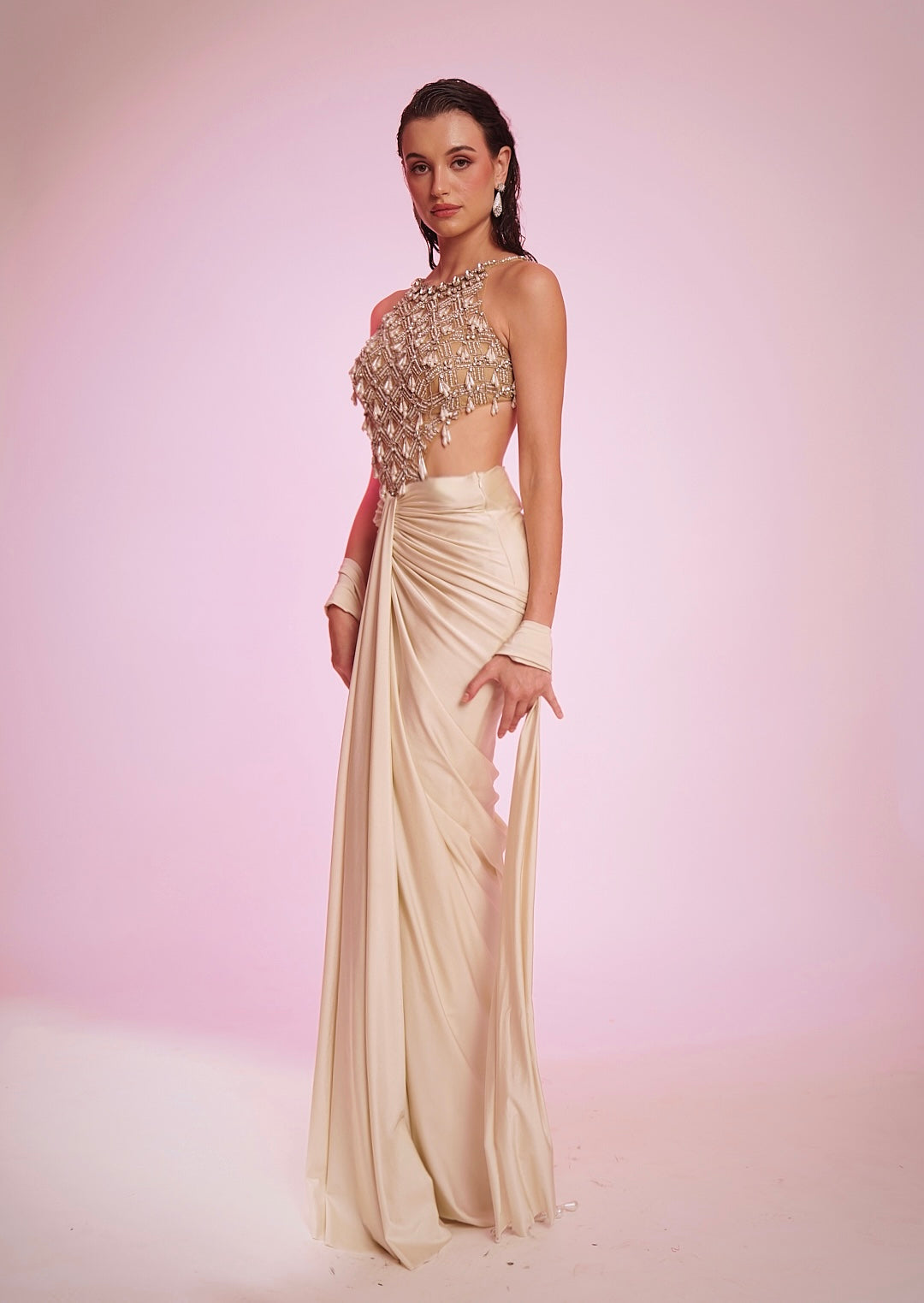 Ivory Draped skirt set with Hand-Embellished Halter Blouse